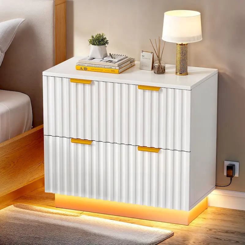 White 2-Drawer Lateral Filing Cabinet with Gold Handles LED Light