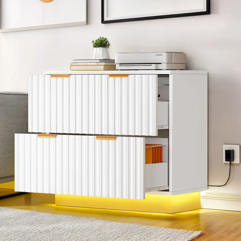 White 2-Drawer Lateral Filing Cabinet with Gold Handles LED Light