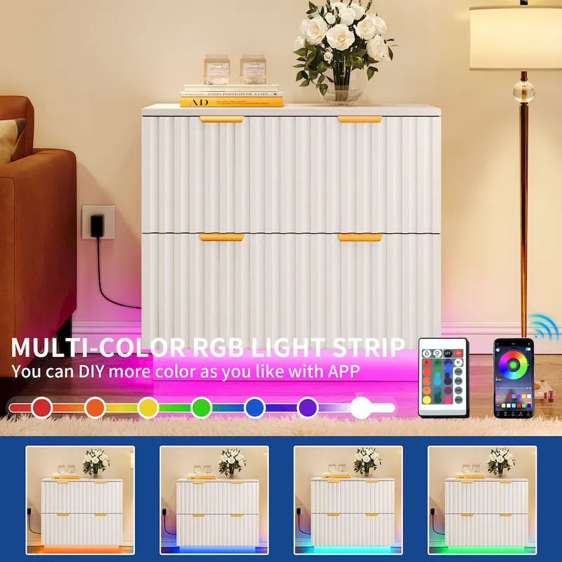 White 2-Drawer Lateral Filing Cabinet with Gold Handles LED Light