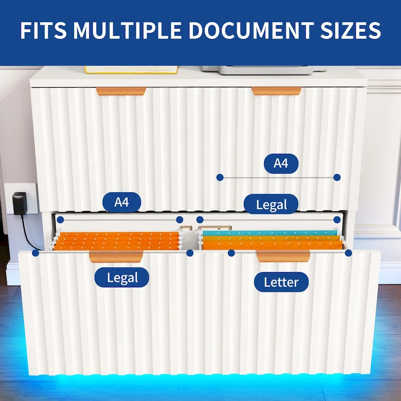 White 2-Drawer Lateral Filing Cabinet with Gold Handles LED Light
