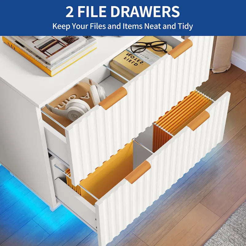 White 2-Drawer Lateral Filing Cabinet with Gold Handles LED Light