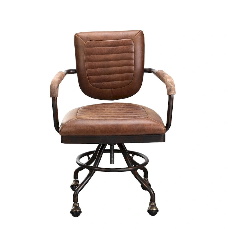 Rustic Vintage Brown Leather Padded Swivel Desk Chair with Armrests