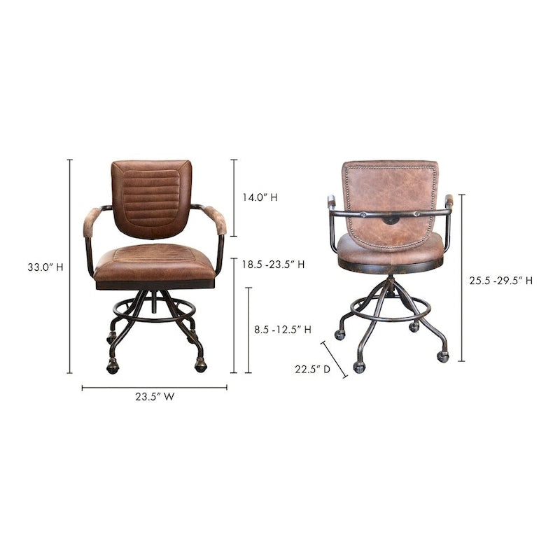 Rustic Vintage Brown Leather Padded Swivel Desk Chair with Armrests