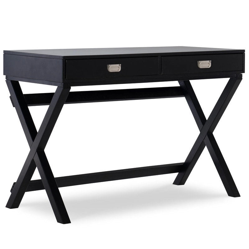 Black Campaign Writing Desk with X-Frame Legs and Two Drawers