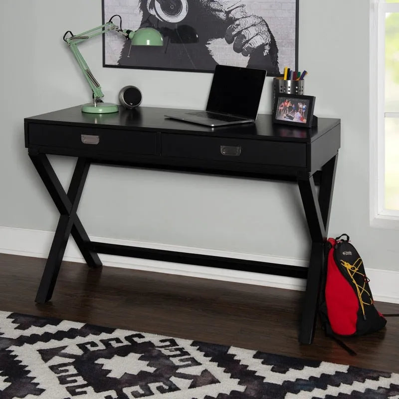 Black Campaign Writing Desk with X-Frame Legs and Two Drawers