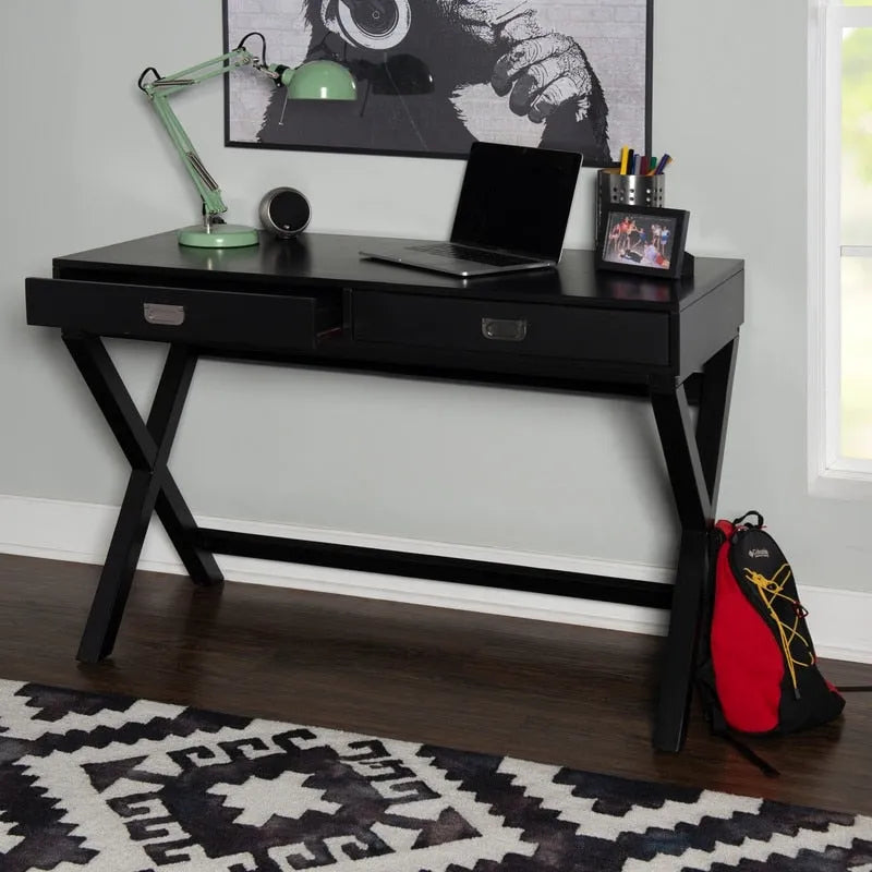 Black Campaign Writing Desk with X-Frame Legs and Two Drawers