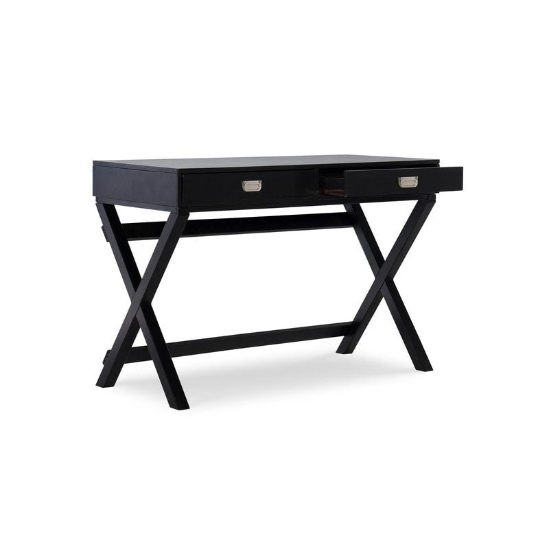 Black Campaign Writing Desk with X-Frame Legs and Two Drawers