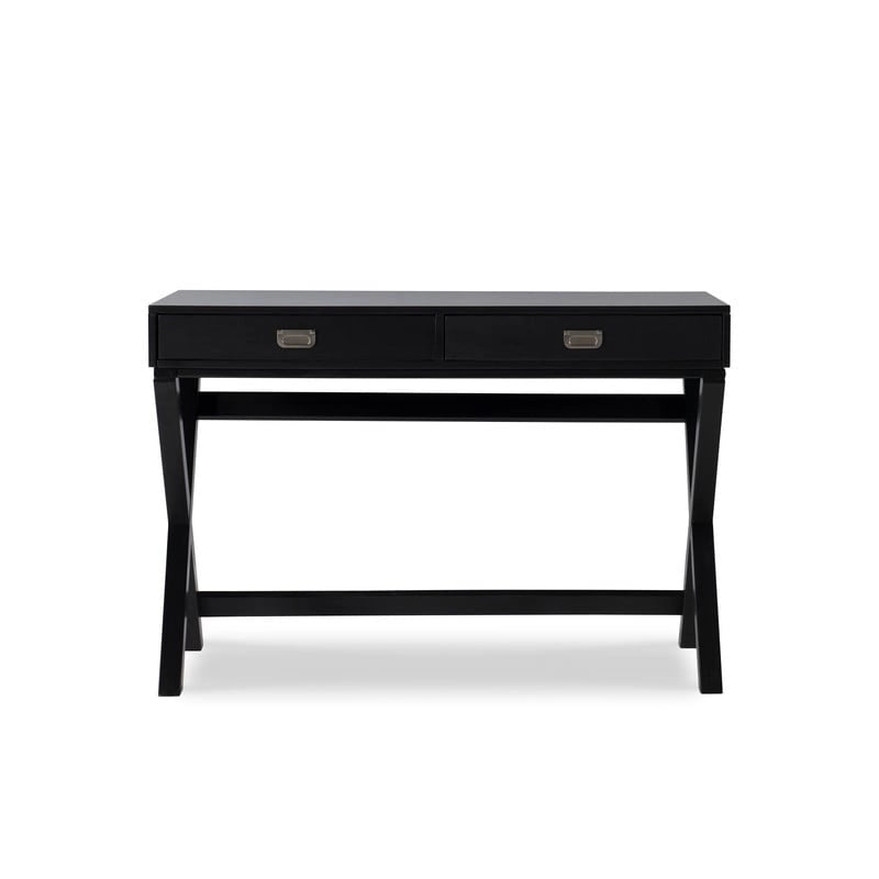 Black Campaign Writing Desk with X-Frame Legs and Two Drawers