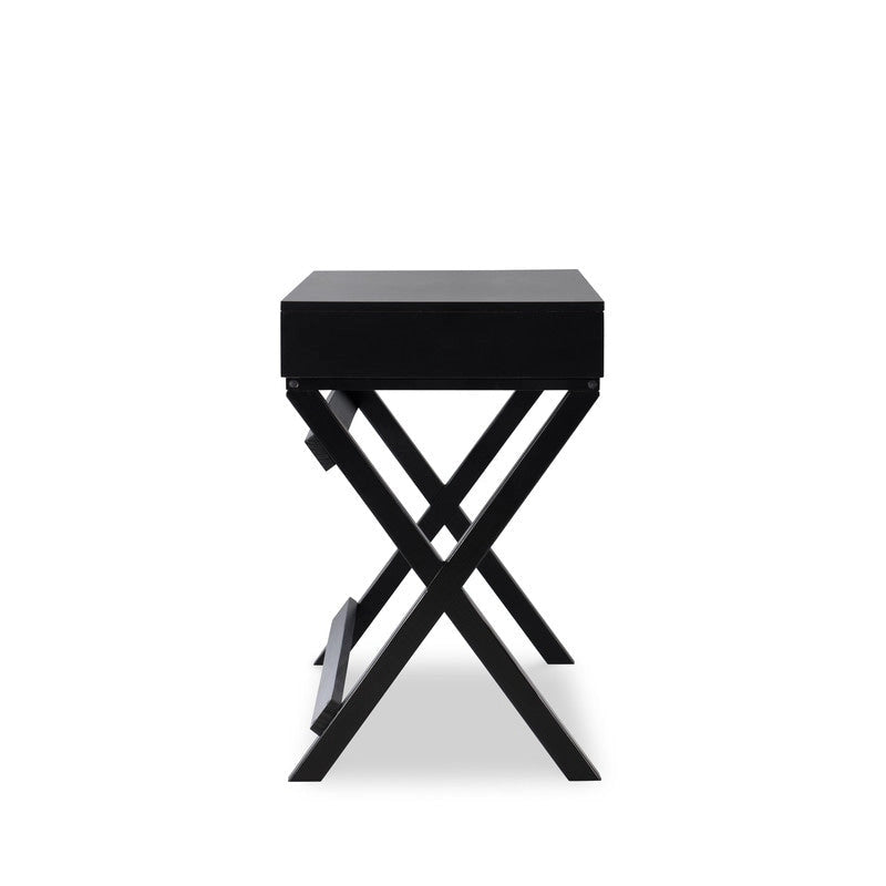 Black Campaign Writing Desk with X-Frame Legs and Two Drawers
