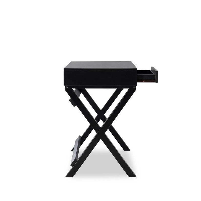 Black Campaign Writing Desk with X-Frame Legs and Two Drawers