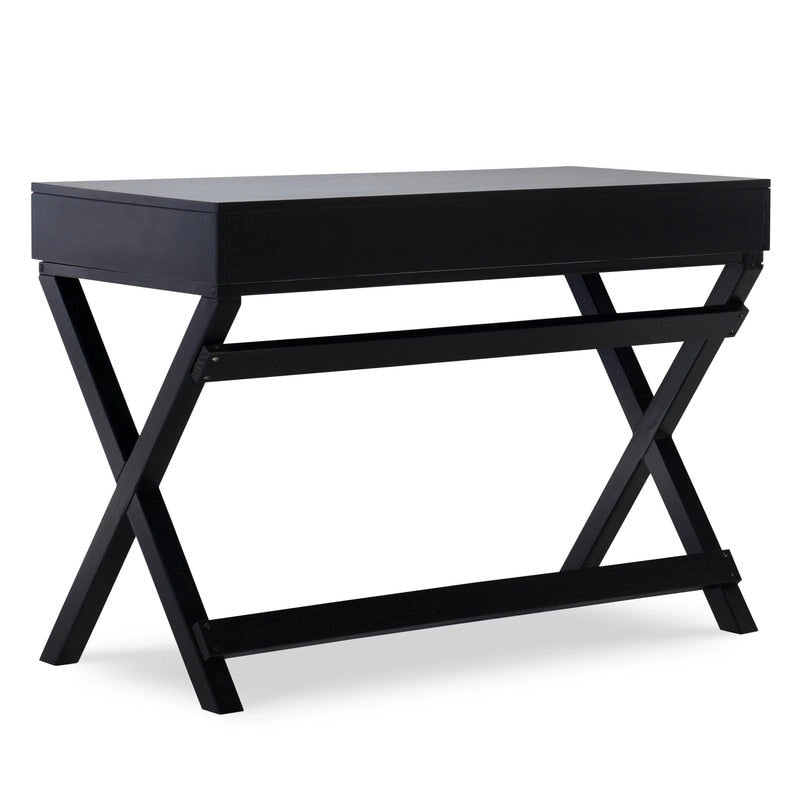 Black Campaign Writing Desk with X-Frame Legs and Two Drawers