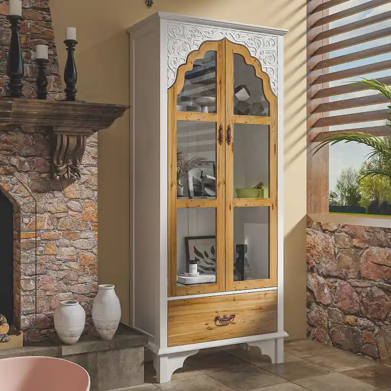 Oak Finish Wooden Curio Cabinet Display Storage Case Bathroom Cabinet - 70.9Hx31.5W