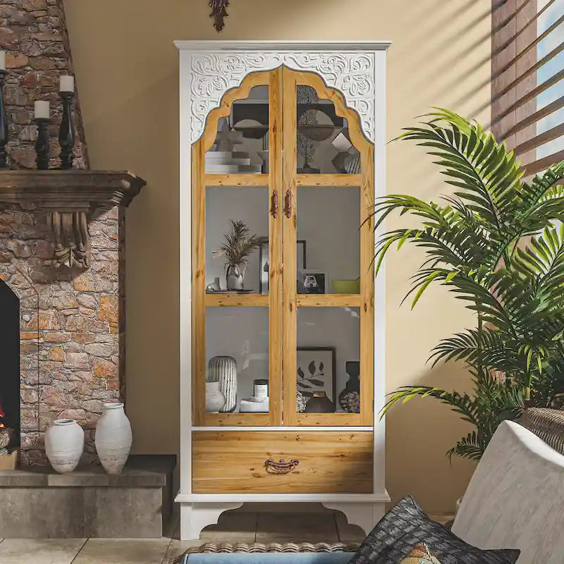 White Wood Display Cabinet Glass Doors Drawer Bohemian Farmhouse Style