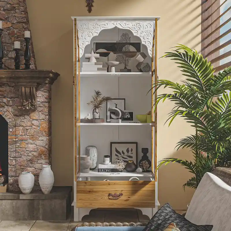 White Wood Display Cabinet Glass Doors Drawer Bohemian Farmhouse Style