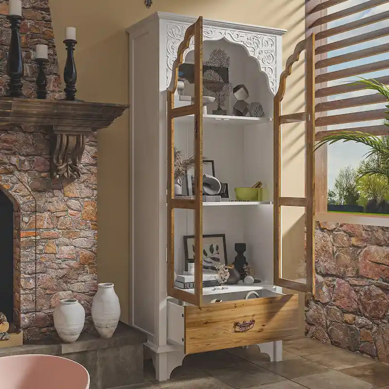 White Wood Display Cabinet Glass Doors Drawer Bohemian Farmhouse Style