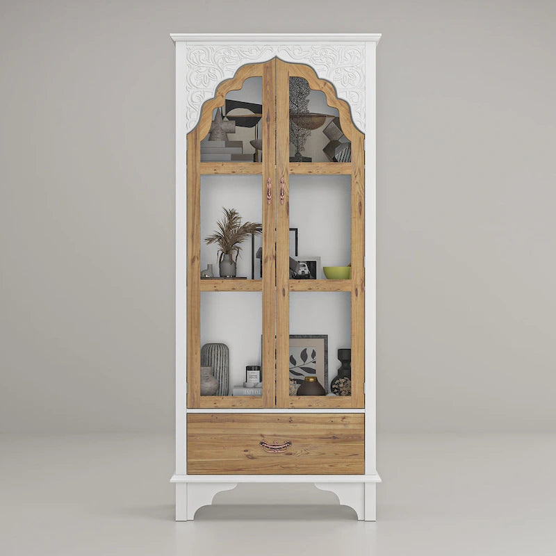 White Wood Display Cabinet Glass Doors Drawer Bohemian Farmhouse Style