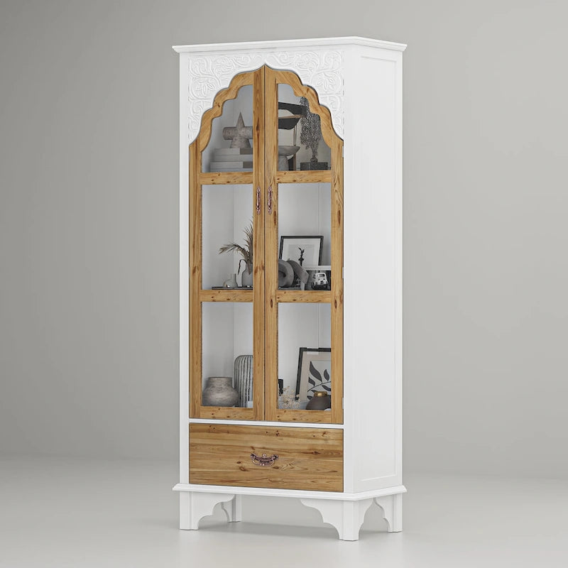 White Wood Display Cabinet Glass Doors Drawer Bohemian Farmhouse Style