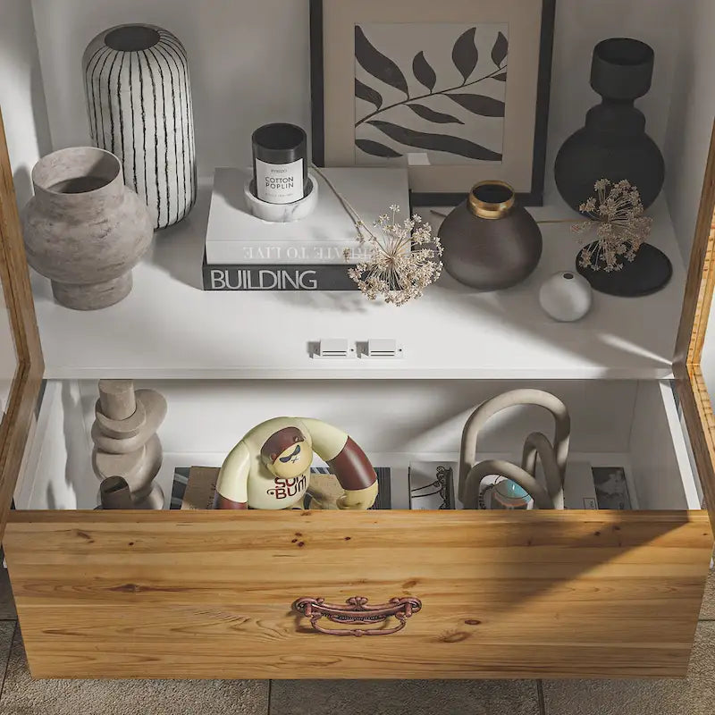 White Wood Display Cabinet Glass Doors Drawer Bohemian Farmhouse Style