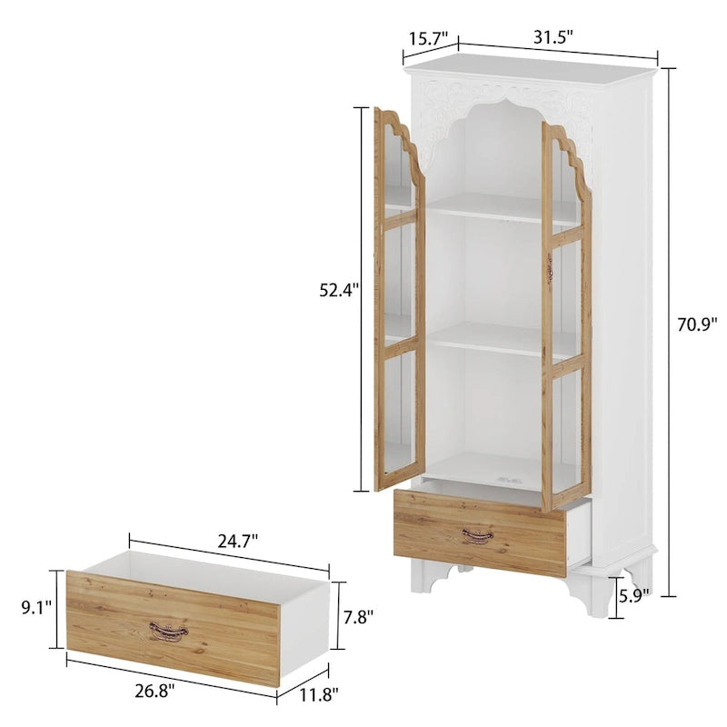 White Wood Display Cabinet Glass Doors Drawer Bohemian Farmhouse Style