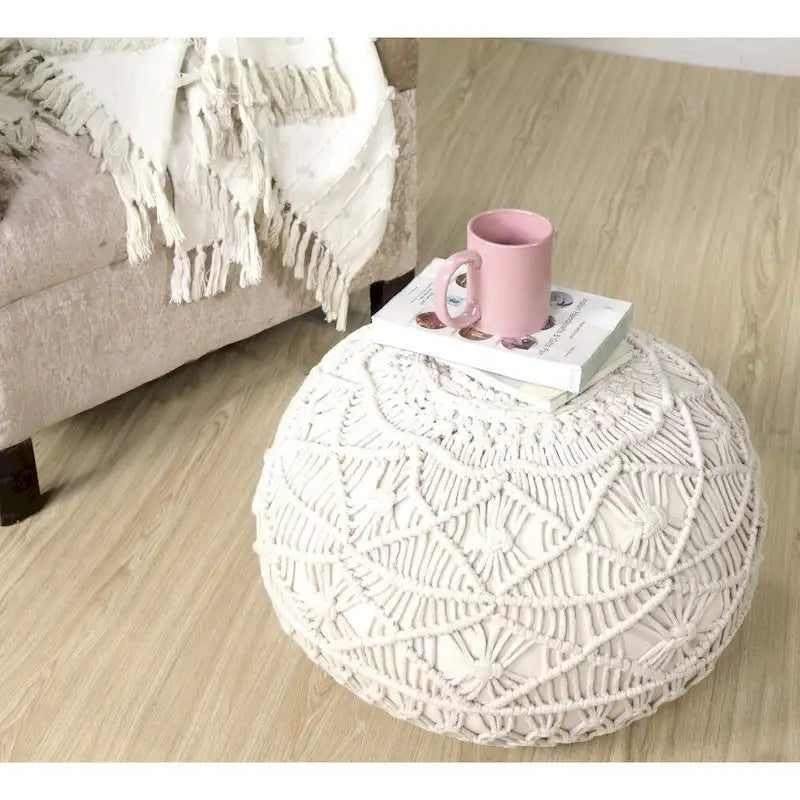 Macrame Cotton Pouf Ottoman Handwoven Boho Footrest Natural White Round