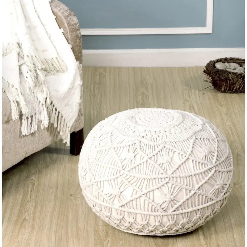 Macrame Cotton Pouf Ottoman Handwoven Boho Footrest Natural White Round