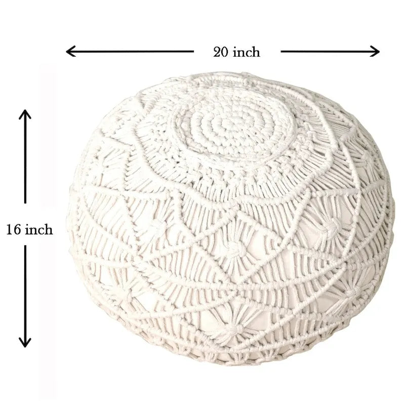Macrame Cotton Pouf Ottoman Handwoven Boho Footrest Natural White Round