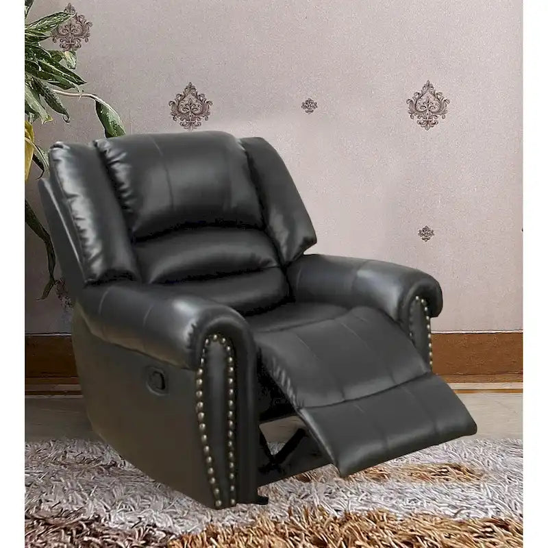 Black Bonded Leather Glider Recliner Chair with Nailhead Trim