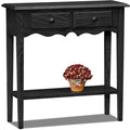 Black Solid Ash Wood Two-Drawer Console Table with Bottom Shelf