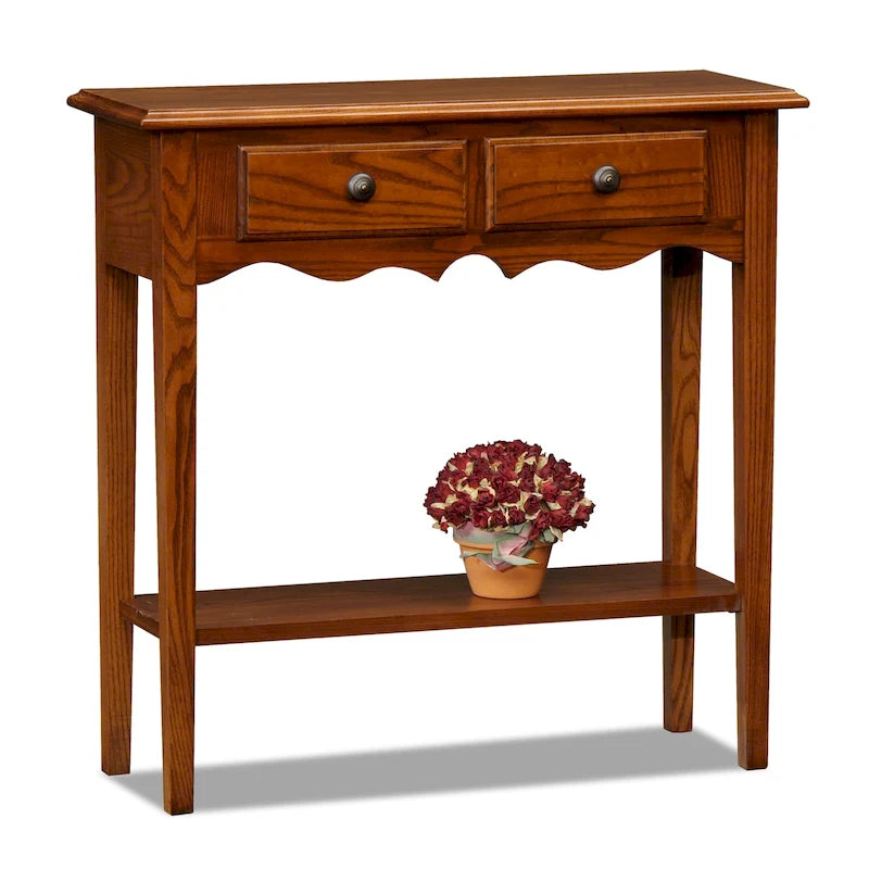 Black Solid Ash Wood Two-Drawer Console Table with Bottom Shelf