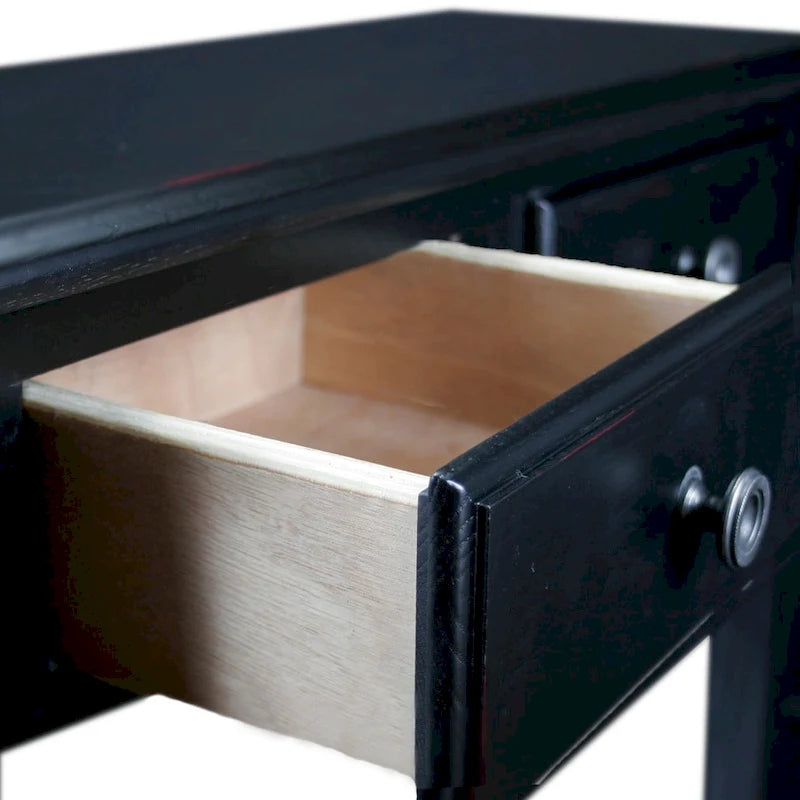 Black Solid Ash Wood Two-Drawer Console Table with Bottom Shelf