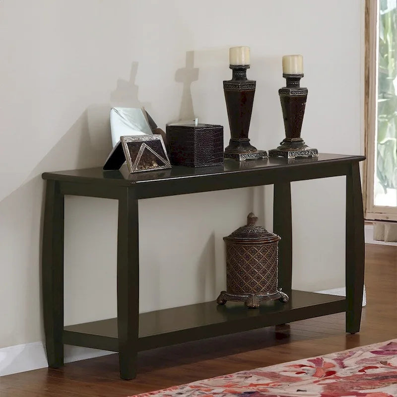 Dark Brown Solid Wood Sofa Console Table with Lower Shelf Curved Legs
