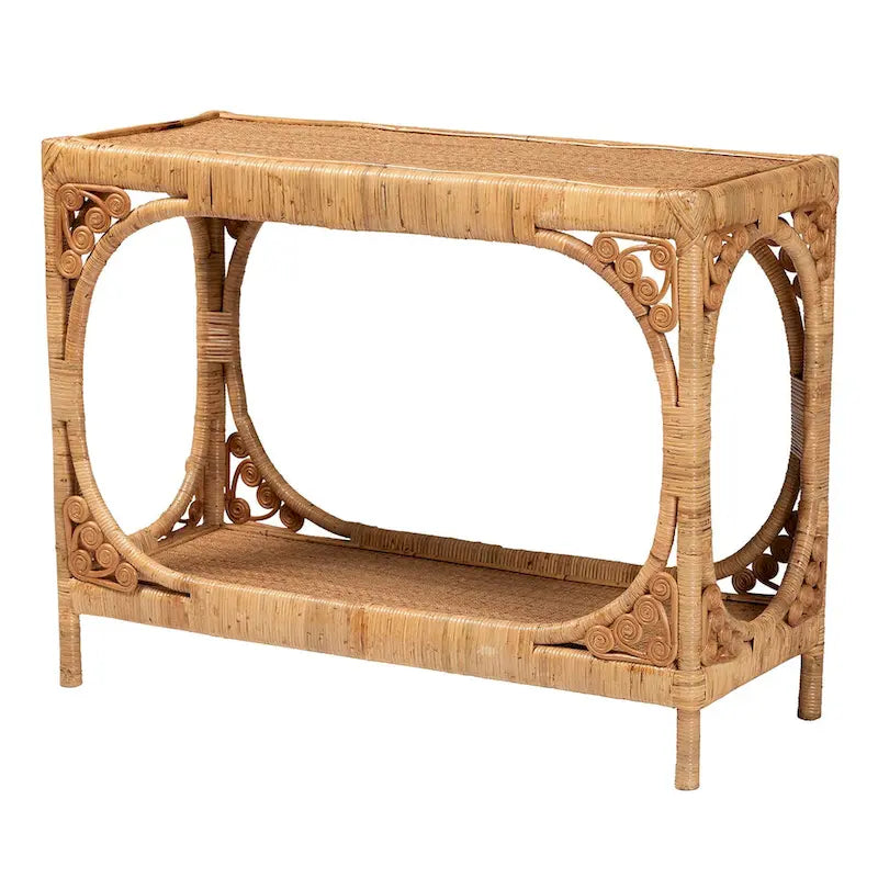 Handcrafted Natural Rattan Console Table with Open Shelf Light Honey