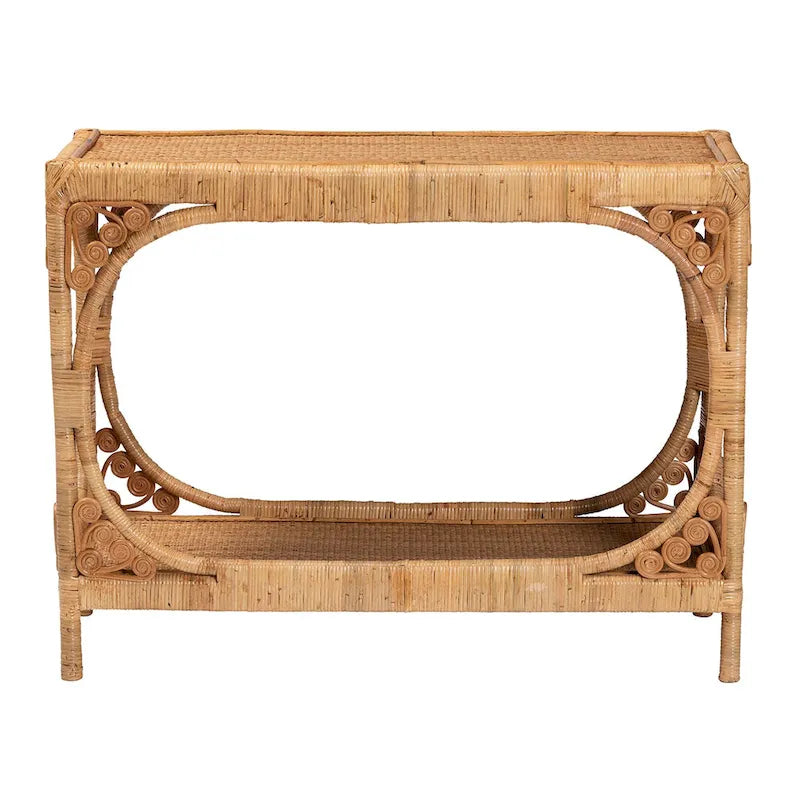 Handcrafted Natural Rattan Console Table with Open Shelf Light Honey