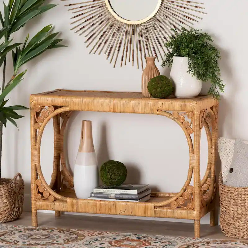 Handcrafted Natural Rattan Console Table with Open Shelf Light Honey