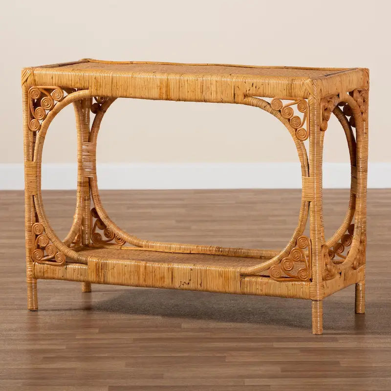 Handcrafted Natural Rattan Console Table with Open Shelf Light Honey