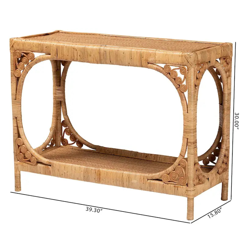 Handcrafted Natural Rattan Console Table with Open Shelf Light Honey
