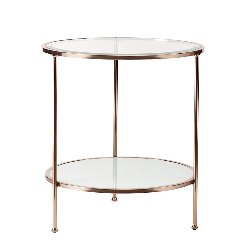 Round Glass Top End Table with Gold Iron Frame and White Shelf