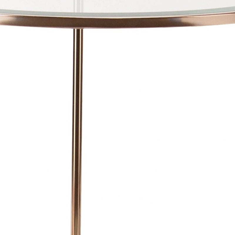 Round Glass Top End Table with Gold Iron Frame and White Shelf