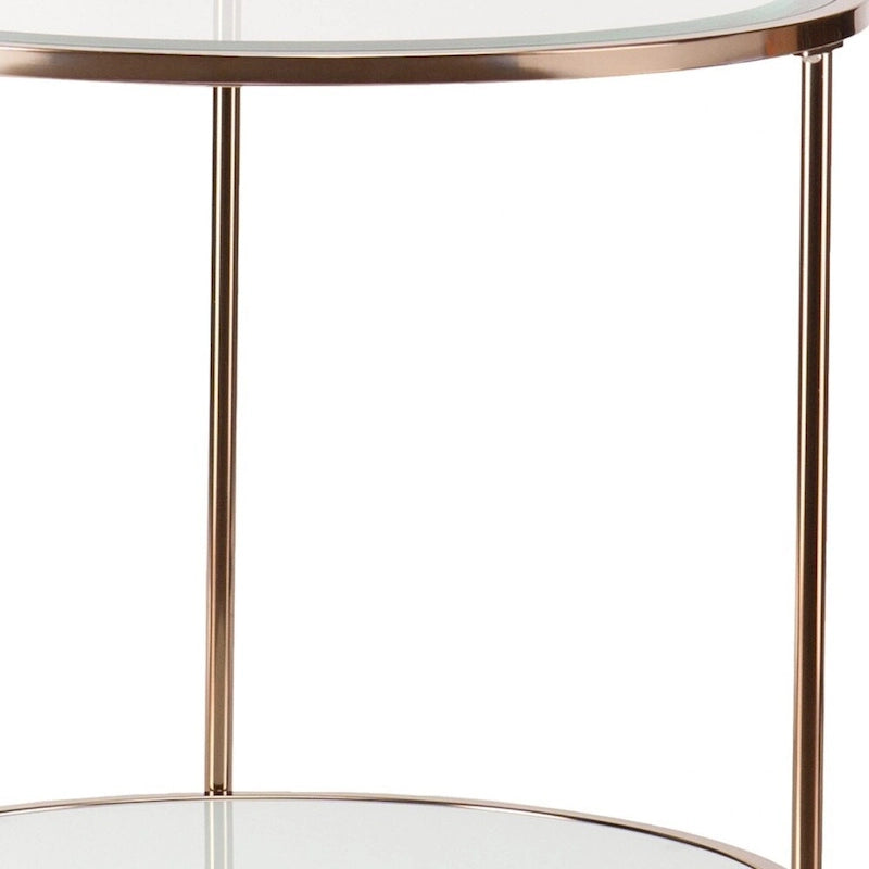 Round Glass Top End Table with Gold Iron Frame and White Shelf