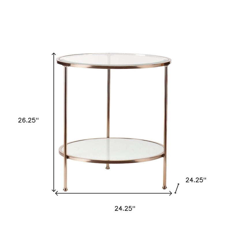 Round Glass Top End Table with Gold Iron Frame and White Shelf