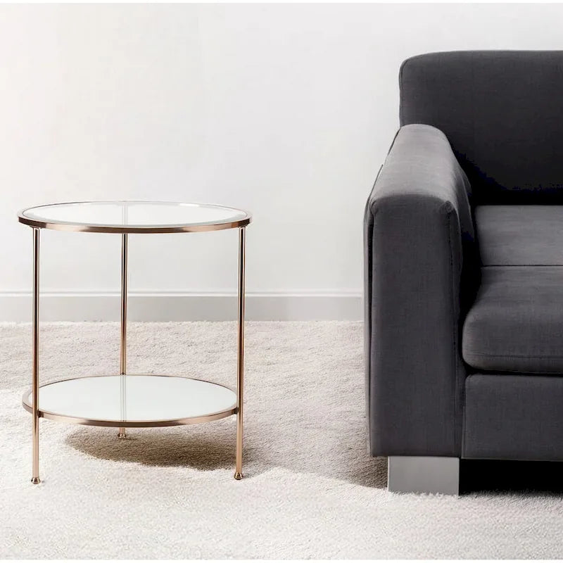 Round Glass Top End Table with Gold Iron Frame and White Shelf