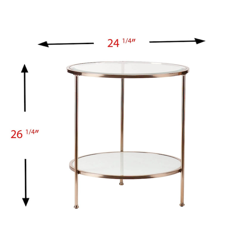Round Glass Top End Table with Gold Iron Frame and White Shelf