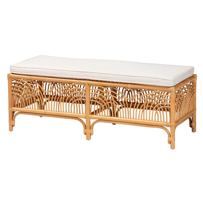 Bohemian Natural Rattan Bench with White Cushion Geometric Openwork Design