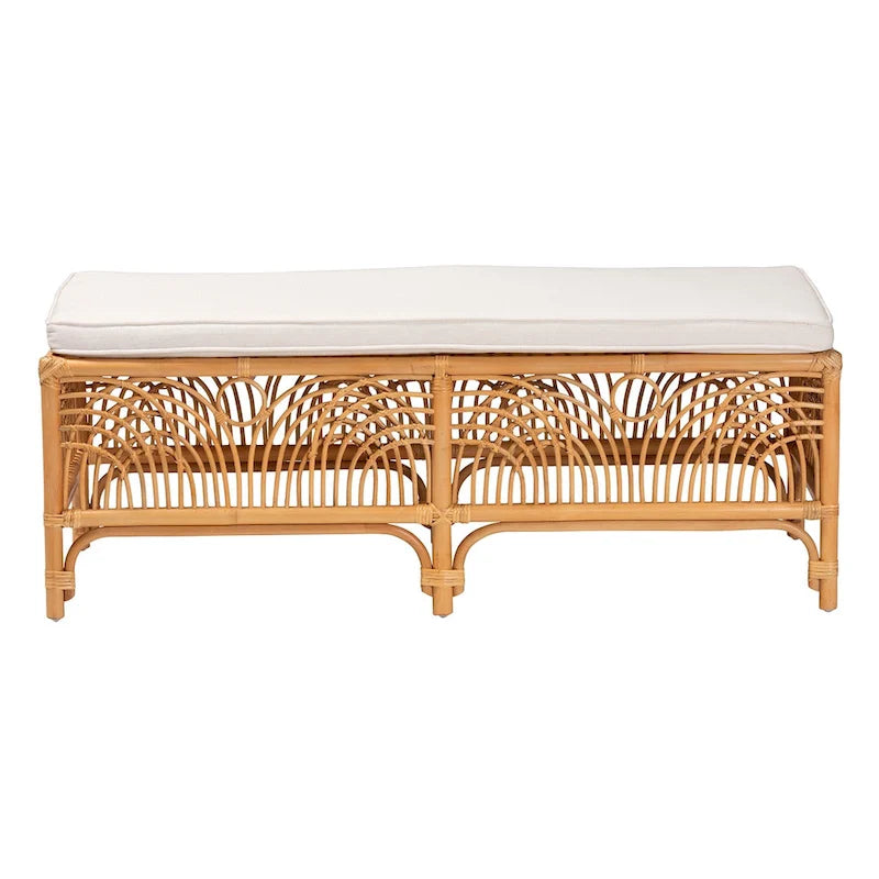 Bohemian Natural Rattan Bench with White Cushion Geometric Openwork Design