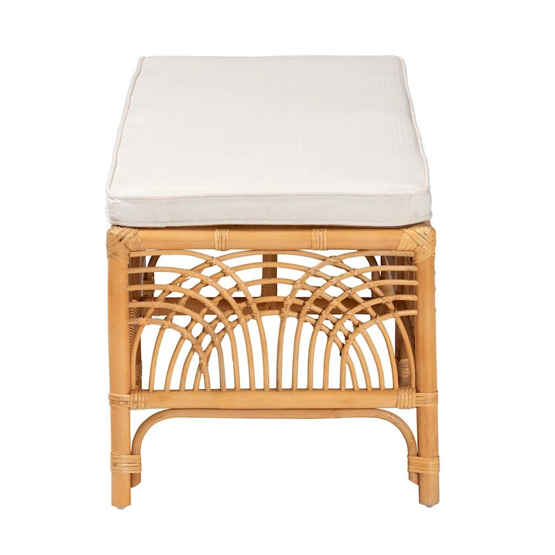 Bohemian Natural Rattan Bench with White Cushion Geometric Openwork Design
