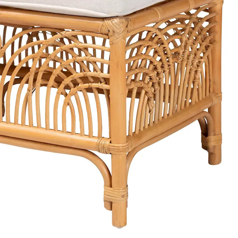 Bohemian Natural Rattan Bench with White Cushion Geometric Openwork Design