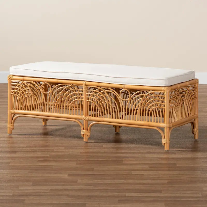 Bohemian Natural Rattan Bench with White Cushion Geometric Openwork Design