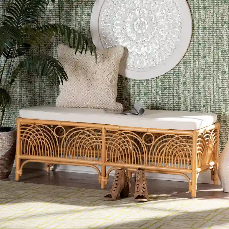 Bohemian Natural Rattan Bench with White Cushion Geometric Openwork Design