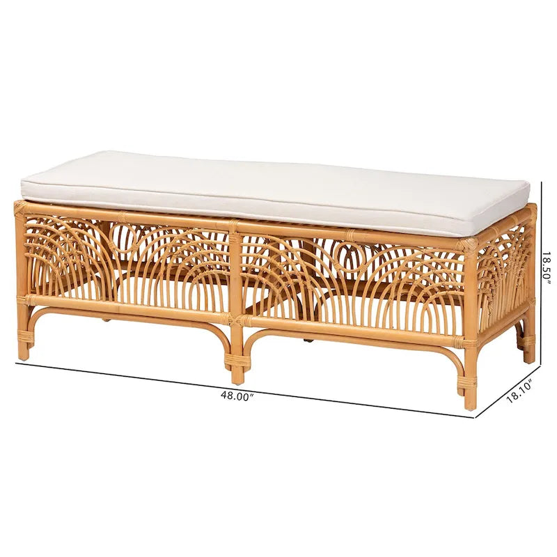 Bohemian Natural Rattan Bench with White Cushion Geometric Openwork Design