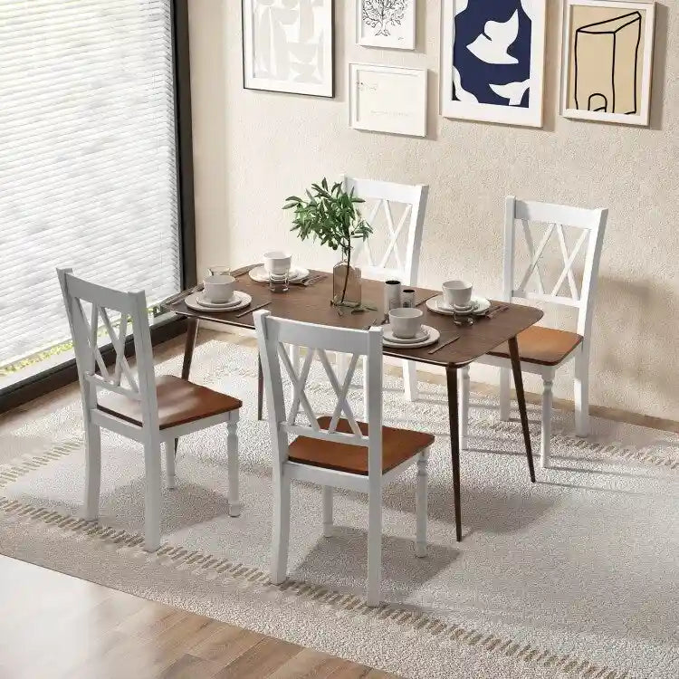 Farmhouse Dining Chair Walnut White Cross Back Solid Wood Armless